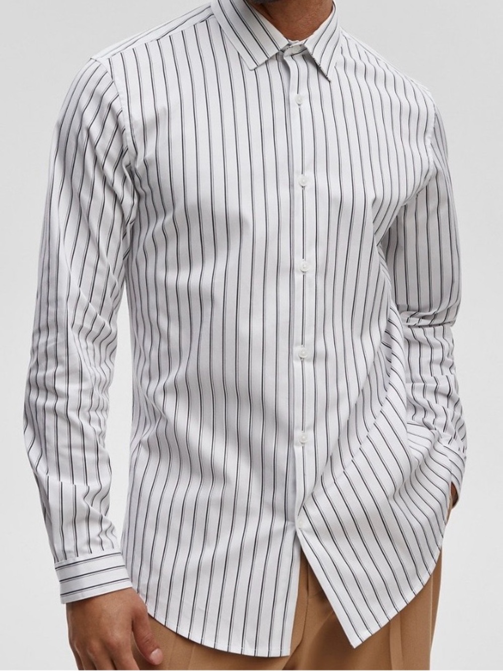 Men's White Dress Shirt with Black Stripes - Medium